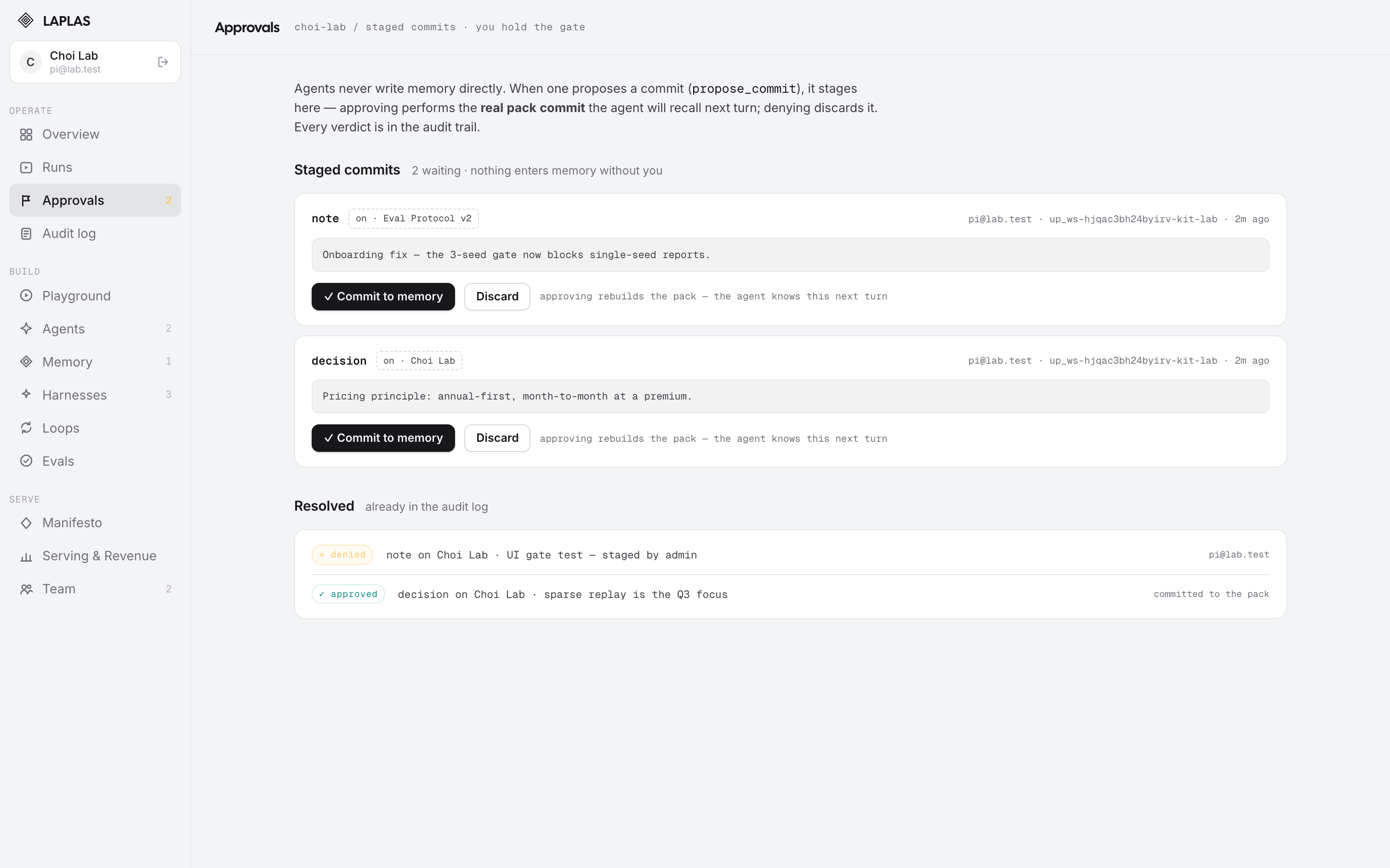 The real LAPLAS AX console — the Approvals gate: two staged commits (a pricing decision and an onboarding note) waiting for a human, each grounded in sources, with Commit to memory and Discard