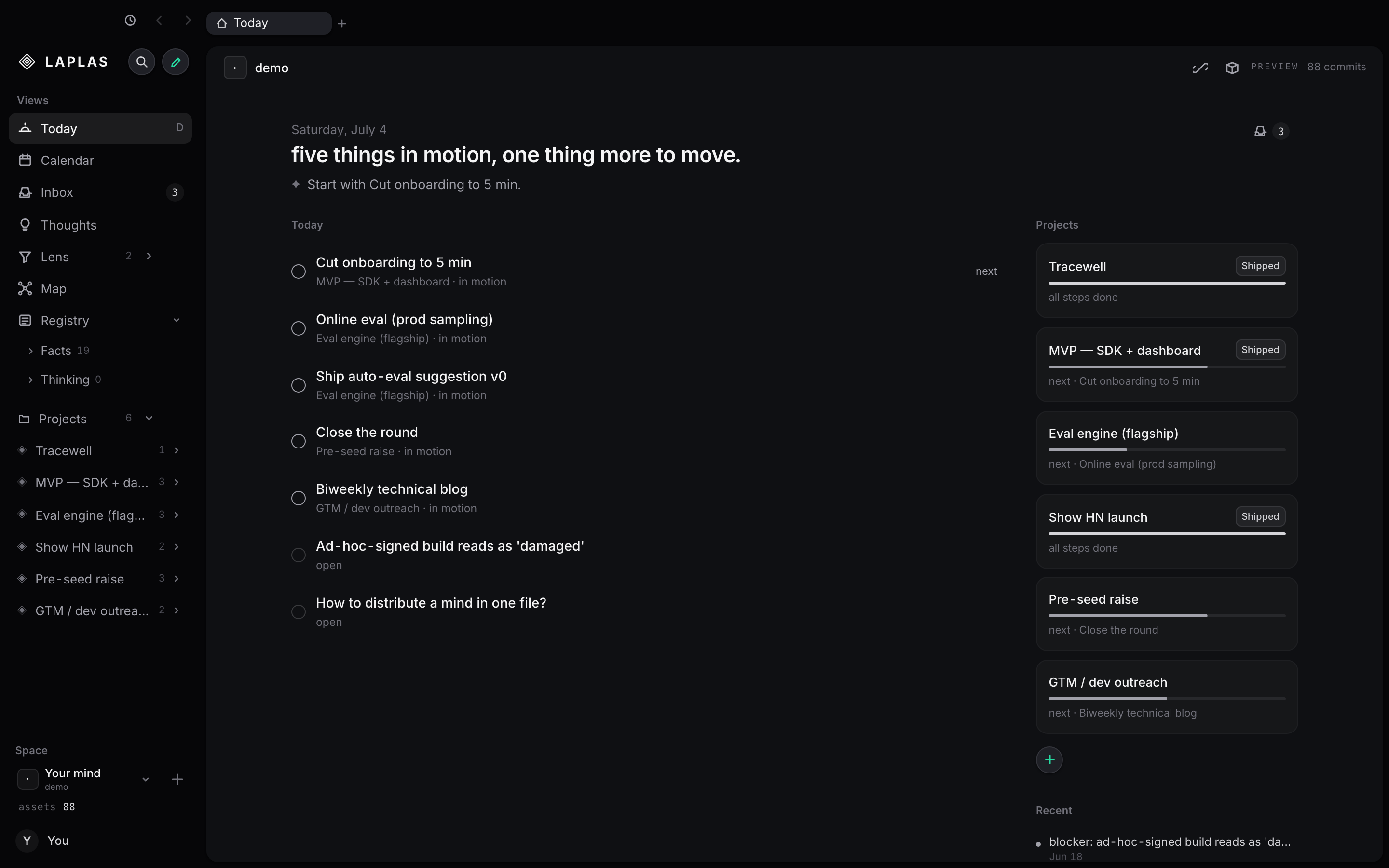 The real LAPLAS desktop app: the Today view with tasks in motion, projects and their next steps