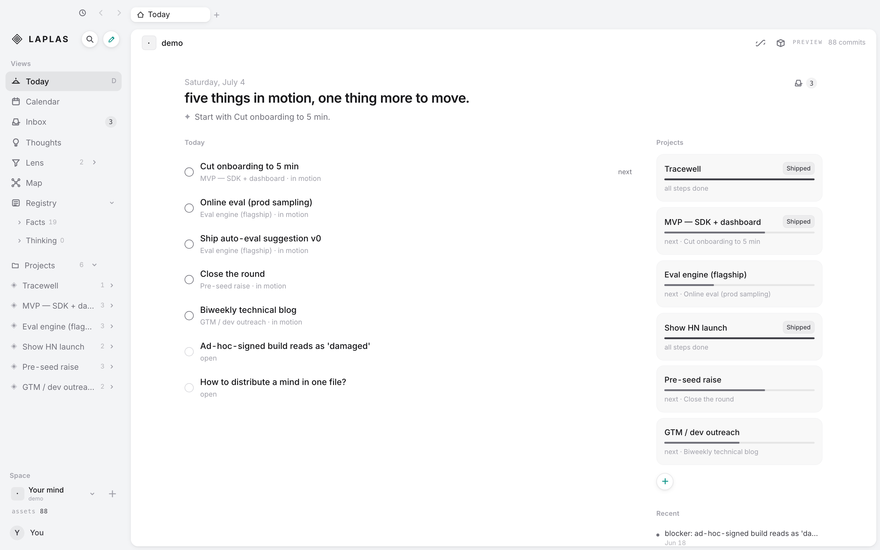 LAPLAS in light theme — the same Today view: tasks, projects, and recent commits